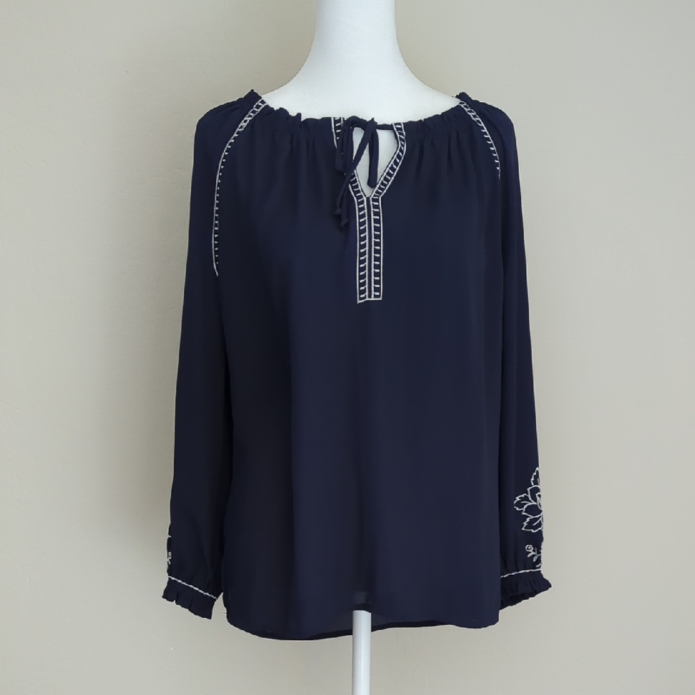 New York And Company Navy Blouse with Embroidered Details, S